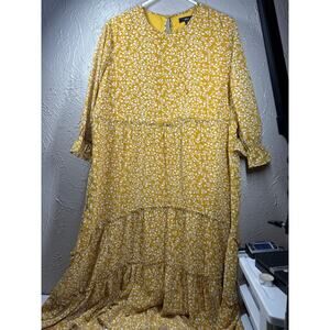 Ellos Dress‎ Womens Peasant Long Sleeve Floral Boho Mustard Hi-Low Hem Size 16
